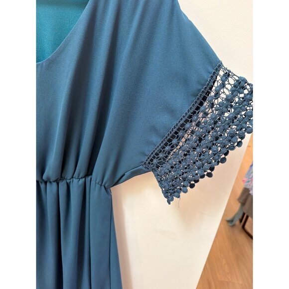 Altar'd State Womens Medium Teal Mini Dress With Crochet Sleeves & Elastic Waist - Picture 2 of 5